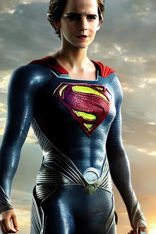 Image similar to a fancy close up of Man of Steel cast as Emma Watson by Greg Rutkowski, full body shot