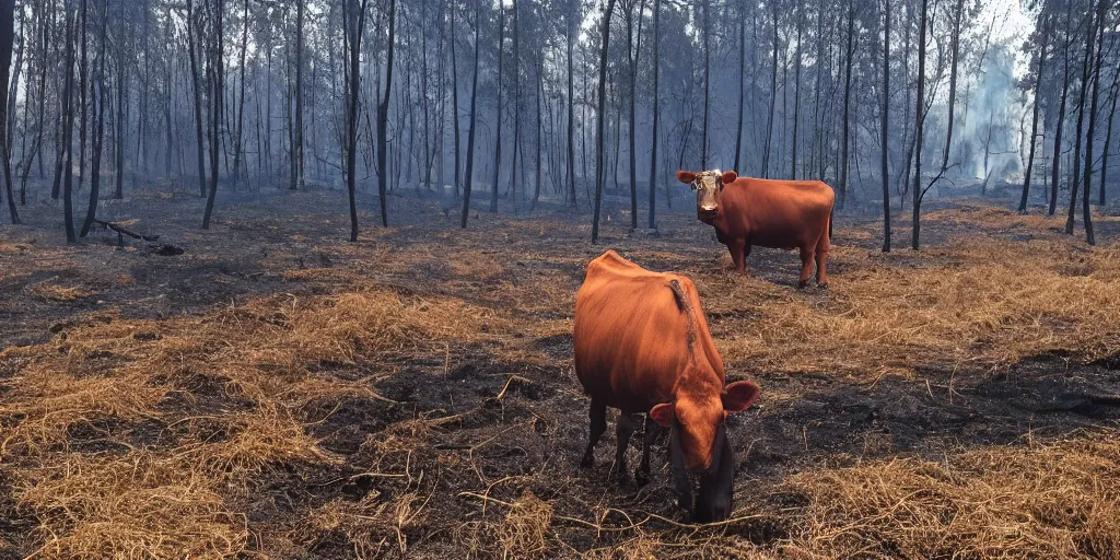 Image similar to a cow in a forest fire