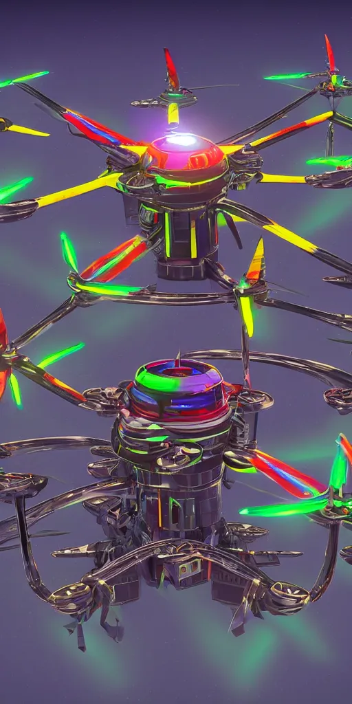 Prompt: futuristic multi rotor helicopter with plasma engine, 4 k, hyper realistic, coherent design, symmetrical, vivid colour, complementary colour, golden ratio, detailed, sharp lines, intricate, rainbow shift, in unreal 3 d engine, ray tracing, octane render