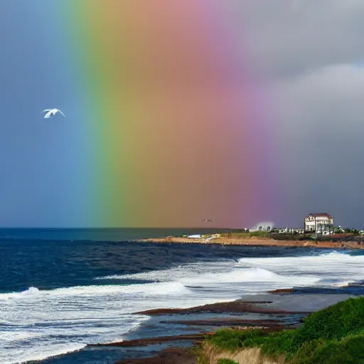 Image similar to A rainbow on top of the sea, with houses on a beachside and seagulls flying