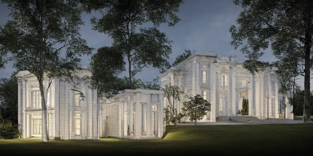 Prompt: 3d rendering of beautiful nature meets neo classical architecture concept of a residential house by Bjarke Ingels Group, volumetric lighting,, luxury, high detail, 14mm, cinematic photography, cg architects, high resolution