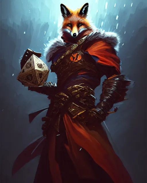 Image similar to Fox Warrior holding small bag, evil smile, medium shot, D&D, artstation, fantasy, magic the gathering artwork, cinematic lighting, centered, symmetrical, highly detailed, digital painting, , concept art, smooth, sharp focus, illustration, volumetric lighting, epic Composition, 8k, art by Akihiko Yoshida and Greg Rutkowski and Craig Mullins, oil painting, cgsociety