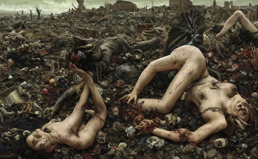 Image similar to renaissance grotesque painting of ovni crash wasteland, landfill, swamp, corpses on the floor, elegant artwork by lee bermejo and greg rutkowski and alphonse mucha