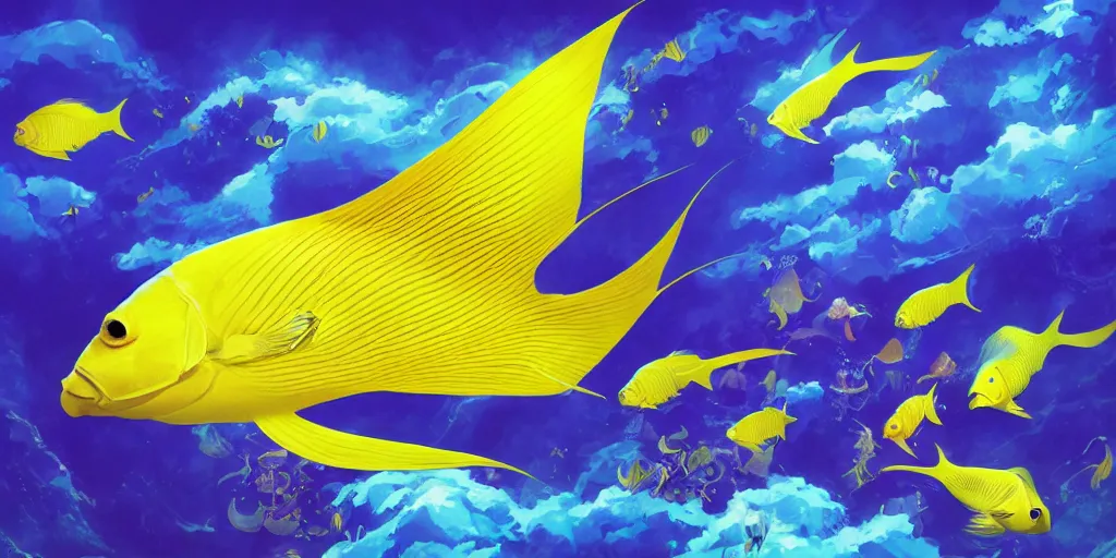 Image similar to giant yellow angelfish swimming through a sea made of big puffy clouds, large polygonal background elements, large polygons, dramatic anime, dramatic lighting, artgerm, manga, trending on artstation, art nouveau, mature colors