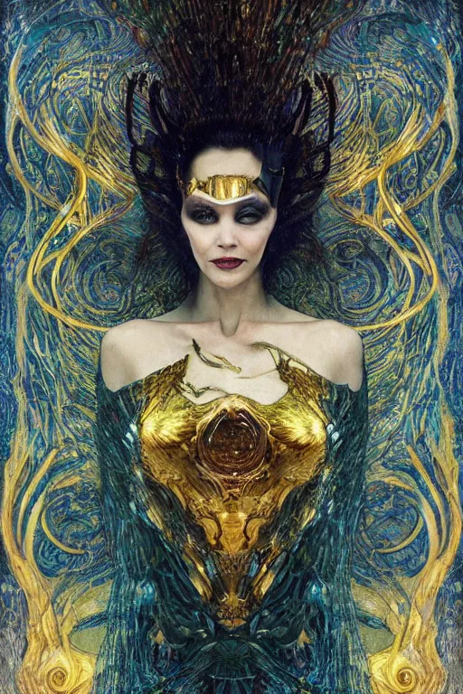 Image similar to Intermittent Chance of Chaos Muse by Karol Bak, Jean Deville, Gustav Klimt, and Vincent Van Gogh, trickster, enigma, Loki's Pet Project, destiny, Poe's Angel, Surreality, creativity, inspiration, muse, otherworldly, fractal structures, arcane, ornate gilded medieval icon, third eye, spirals