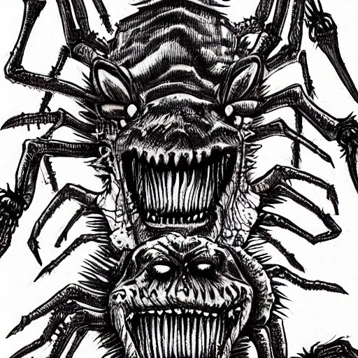 Image similar to spider dog monster with four heads breathing fire and crushing buildings, in the style of Junji Ito heavy ink