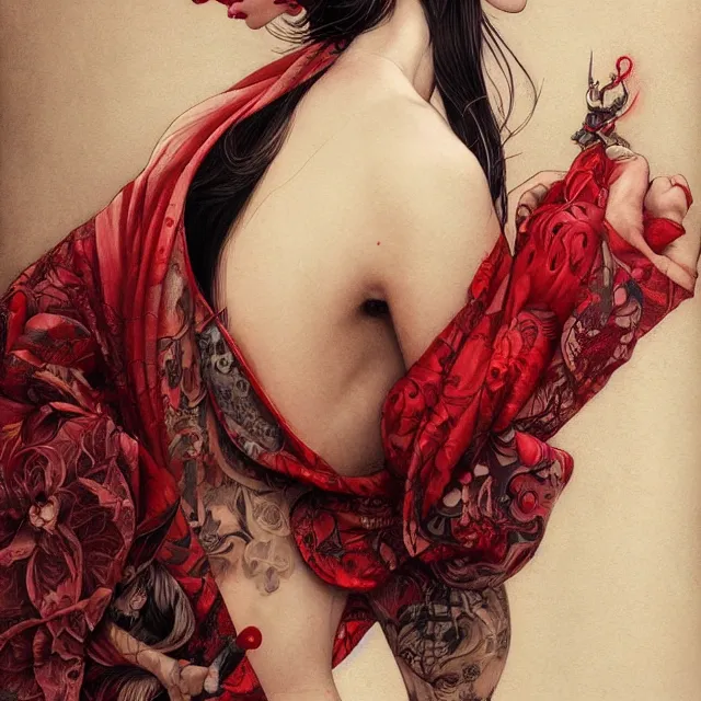 Image similar to ultra realistic illustration, beautiful woman dressed in red kimono, backview, tattoos, in the style of peter mohrbacher by weta digital and beth cavener, high face symmetry, intricate, masterpiece, award winning, high face symmetry, intricate