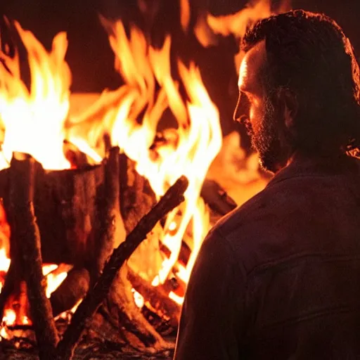 Prompt: Rick Grimes roasting human head by the campfire