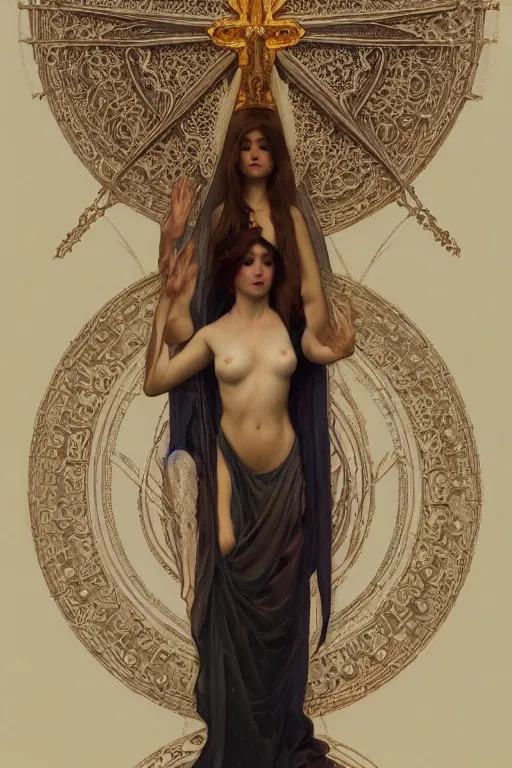 Image similar to a full body portrait of a beautiful ethereal delicate suzerain mage queen meditative sacral pose catholic stages of the cross, intricate, elegant, highly detailed, digital painting, artstation, concept art, smooth, sharp focus, illustration, art by krenz cushart and artem demura and alphonse mucha