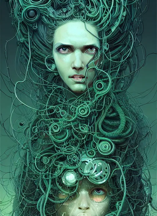 Prompt: highly detailed portrait of a biopunk long curly white hair tribal lady, stray wiring by atey ghailan, james gilleard, by joe fenton, by greg rutkowski, by greg tocchini, by kaethe butcher, 4 k resolution, gradient green, black and white color scheme!!! ( ( irradiated robotic leafy tornado landscape background ) )