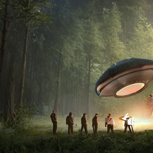 Image similar to a [ team of scientists, police officers, and news reporters ] surround a crashed ufo in the [ middle of a forest ]!!, [ digital art ]!!, trending on cgsociety, 4 k quality