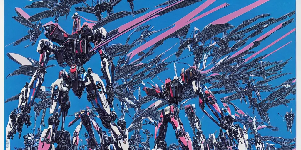 Prompt: risograph rendition of extremely - detailed black gigantic evangelion - like dragonfly mecha with a lot of blue children heads on it, ominous, intricate complexity, dramatic, epic composition, atmospheric, painting by moebius
