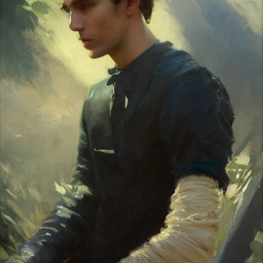 Prompt: detailed cinematic wide shot of beautiful attractive young man black clothes black hair no beard slim face symettrical face clean skin blue eyes black clothes, ultra realistic, spring light, painting by gaston bussiere, craig mullins, j. c. leyendecker