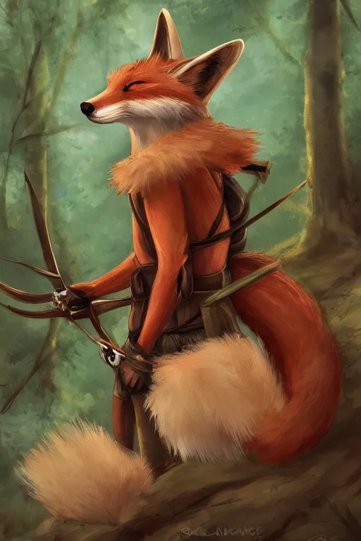 Prompt: a medieval anthropomorphic fox archer with a fluffy tail in a forest, backlighting, trending on artstation, furry art, by kawacy, warm lighting, digital art