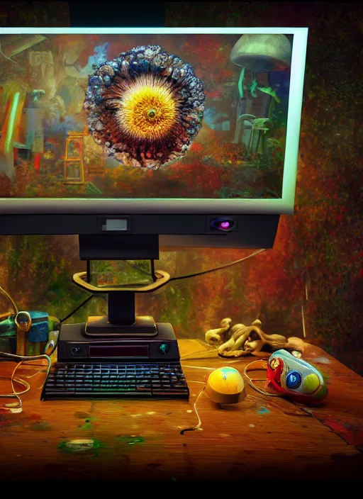 Prompt: A realistic painting of a vintage computer, with a psychedelic mushroom on the screen, in a post apocalyptic setting, unreal 5, DAZ, hyperrealistic, octane render, RPG portrai5t, dynamic lighting