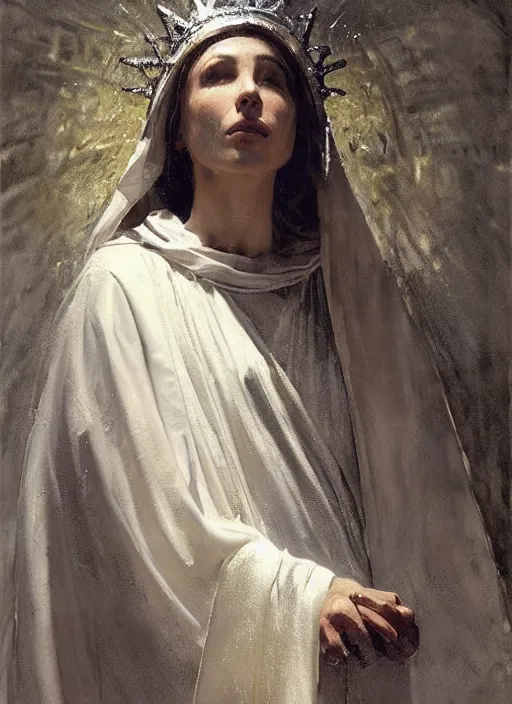 Image similar to portrait of the Virgin Mary wearing glowing silver robes with a crown of Laurel above her head that looks as though a portal to the sky, by Jeremy Mann, stylized, detailed, realistic, loose brush strokes, intricate, beautiful, flowing, soft lighting
