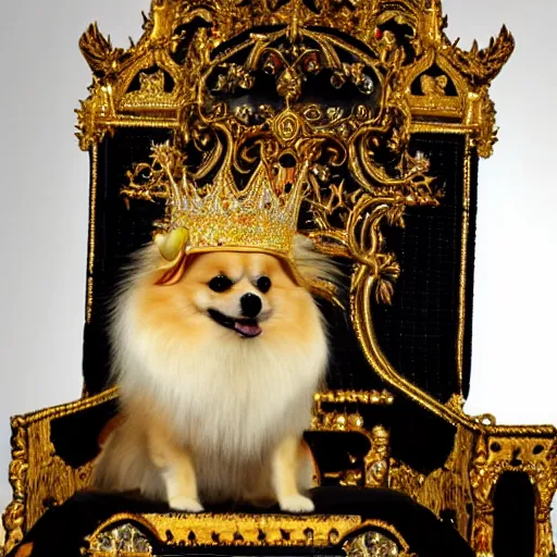 Image similar to a Pomeranian wearing a golden crown is sitting on the King's throne