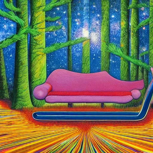 Image similar to psychedelic couch sofa in the pine forest, guitar, milky way, designed by moebius, rob gonsalves, gustav dore, giuseppe arcimboldo and carl barks, louis wain, trending on artstation, canada, star, sharp focus, colorful refracted sparkles and lines, soft light, 8 k 4 k