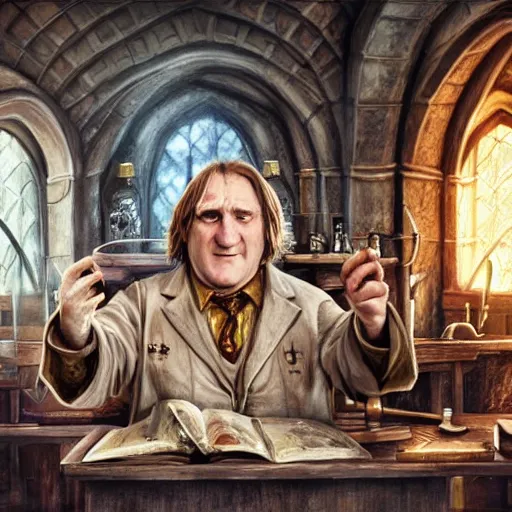 Prompt: Movie still of Gérard Depardieu as Harry Potter in a potions class at hogwarts, fantasy, highly detailed, digital painting, artstation, concept art, sharp focus, illustration, art by Tony Sart and artgerm and randy vargas
