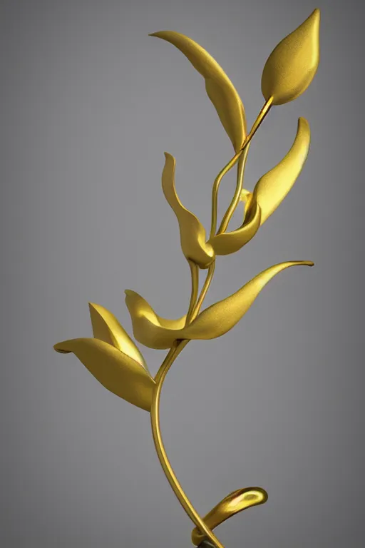 Image similar to 3 d render by daniel arsham of a long melting solid gold lilly with long stem