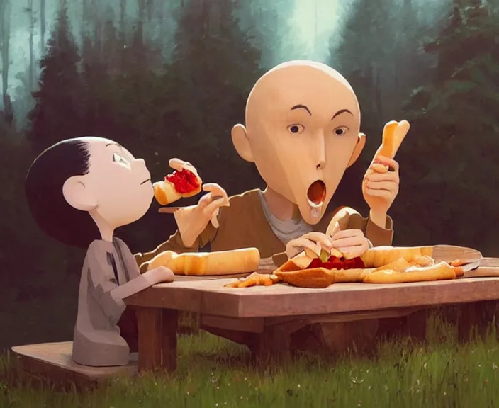 Image similar to a wooden sculpture of billy corgan eating a hotdog, digital art by studio ghibli and greg rutkowski, beautiful, cute, hyperrealism artstyle, amazing lighting