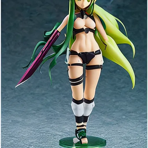 Image similar to league of legends akali as a Figma doll. Posable anime figurine. Kunai-weilding, green facemask, green outfit. PVC figure 12in.