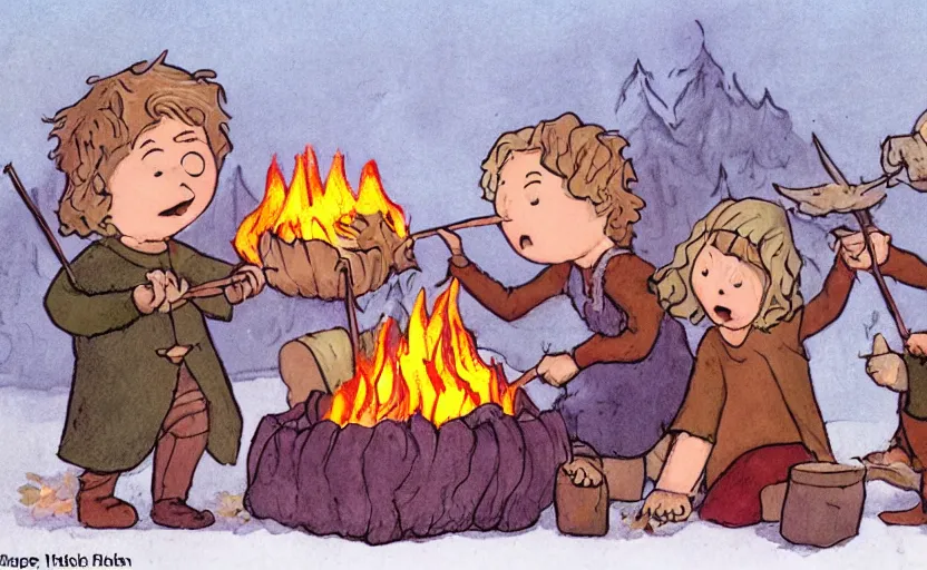 Image similar to childrens book illustration of the fellowship of the ring roasting marshmallows and making s'mores around a campfire