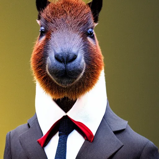 Image similar to a high quality photo of an antropomorphic capybara wearing a suit, 8k, digital art