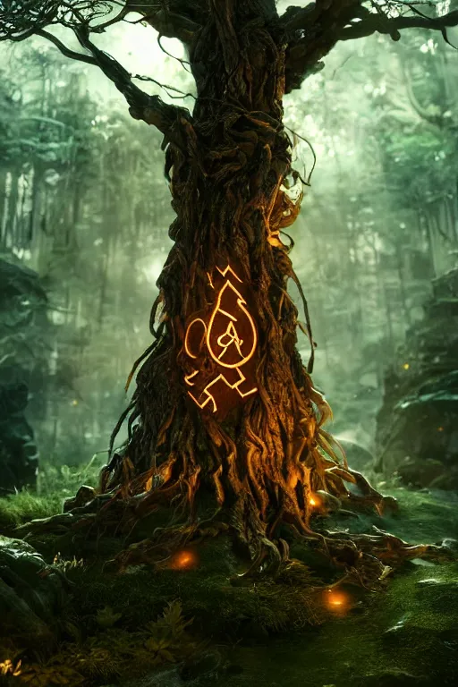 Image similar to Glowing elven runes carved into a magic tree, dramatic lighting, cinematic, establishing shot, extremely high detail, foto realistic, cinematic lighting, post processed, concept art, high details, cinematic, 8k resolution, beautiful detailed, photorealistic, digital painting, artstation, concept art, smooth, sharp focus, artstation trending, octane render, unreal engine