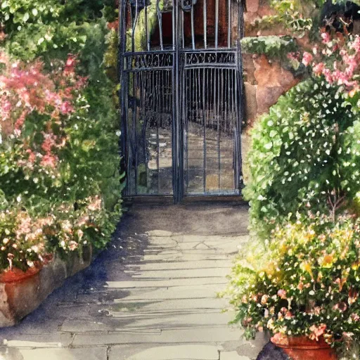 Image similar to delicate, garden, paved, botanic watercolors, iridescent, 8 k, realistic shaded, fine details, artstation, italian, chairs, iron gate, pine maritime, mediterranean