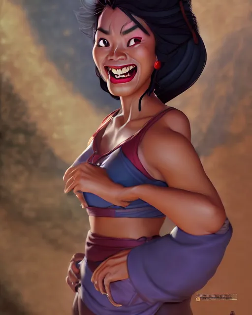 Image similar to giggling heavy - set filipina woman character portrait, by don bluth, sci - fi environment, highly detailed, dynamic shadows, 4 k, wallpaper - 1 0 2 4