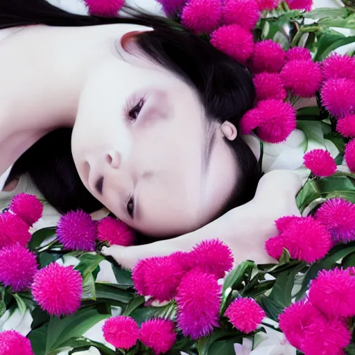 Image similar to photo full shot of beautiful Japanese women with perfect eyes and simetrical face, laying down in flowers, shot by Akira Kurosawa perfect cinematic light, 8k