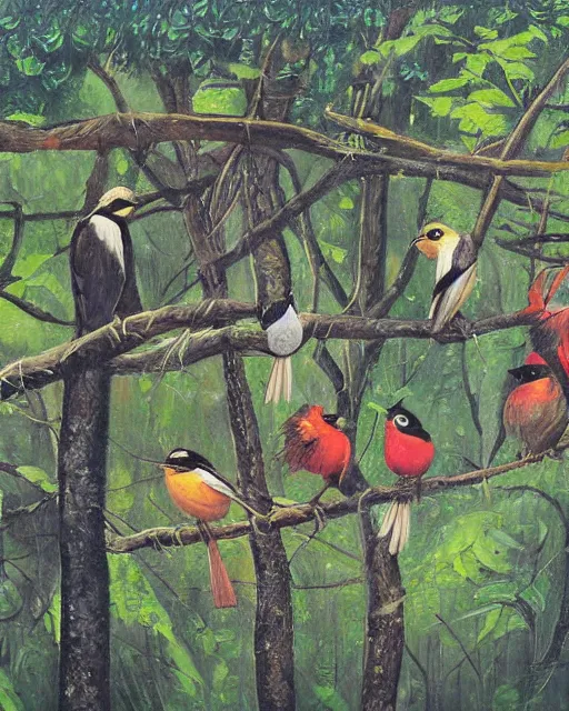 Prompt: a detailed relistic painting of a bird conference in the middle of a forest, an oil painting by benito quinquela martin, behance contest winner, american scene painting, sharp detail, behance contest winner, metaphysical painting, concert poster, poster art