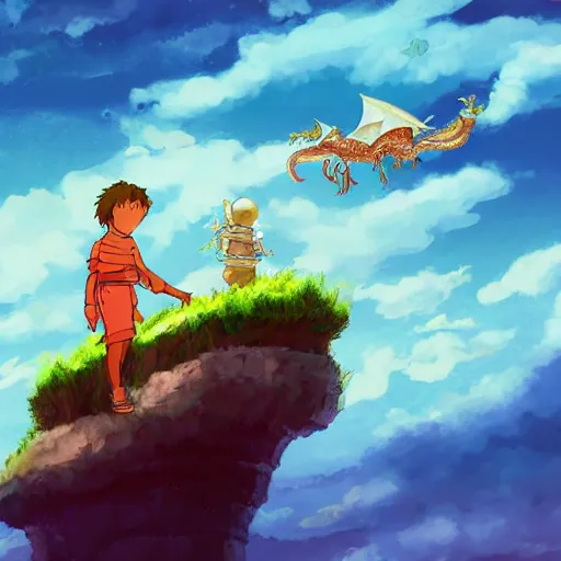 Prompt: boy in the floating island with flyling dragons around in ghibli artstyle, high detal, smooth, 8k, anime style