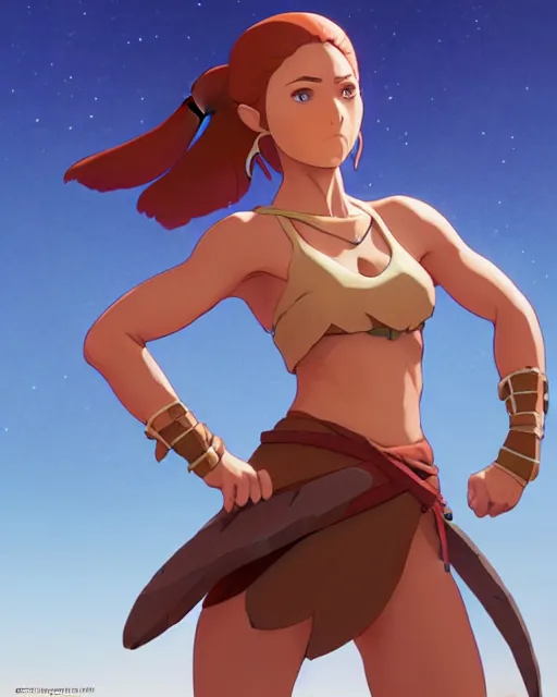 Image similar to ginger tanned woman in a prehistoric outfit, by artgerm, hair tied in a ponytail, no background character concept, by studio muti, greg rutkowski makoto shinkai takashi takeuchi studio ghibli