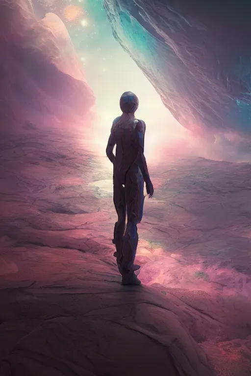 Image similar to letting go of reality and experiencing the quantum feild, matte painting comic book art, cinematic, highly detailed, realistic, beautiful cosmic neural network, octane render, unreal engine, depth of field, trending on artstation, sharp focus, improbable splashes of colors