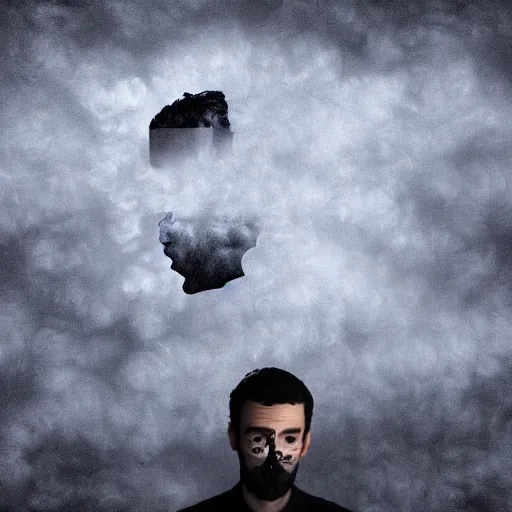 Image similar to dramatic matte portrait painting of man with black mandelbrot fractal instead of face