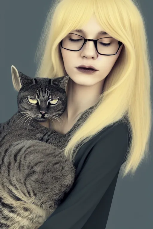 Prompt: art of a beautiful young woman sitting down with her very large cat, the woman has very long blonde hair and a full fringe, wearing large thin-rimmed round glasses, wearing modern gothic clothes, trending artstation, digital art, award winning art, aesthetic, 4K, realistic, octane render, Photograph