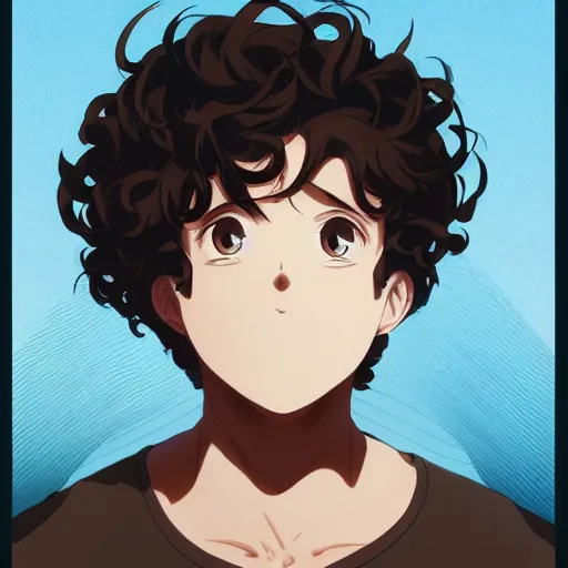 Prompt: An anime portrait of a mid-sized anime man with extremely short curly brown hair, chubby face, brown eyes, without glasses, big nose, wearing a t-shirt, his whole head fits in the frame, solid background, by Stanley Artgerm Lau, WLOP, Rossdraws, James Jean, Andrei Riabovitchev, Marc Simonetti, and Sakimi chan, trending on artstation