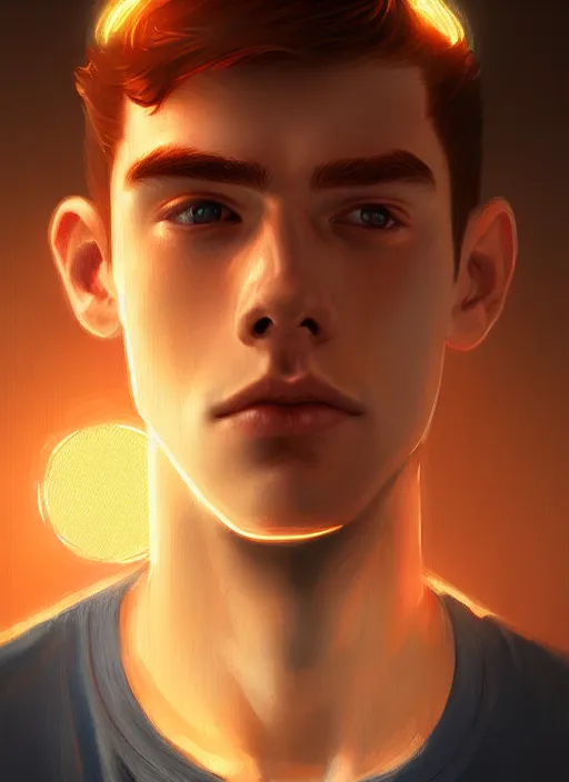 Image similar to portrait of teenage archie andrews, freckles, intricate, elegant, glowing lights, highly detailed, digital painting, artstation, concept art, smooth, sharp focus, illustration, art by wlop, mars ravelo and greg rutkowski