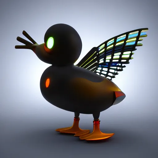 Prompt: a biomechanical duck, cybertronic, glowing eyes, octane render, spread out wings