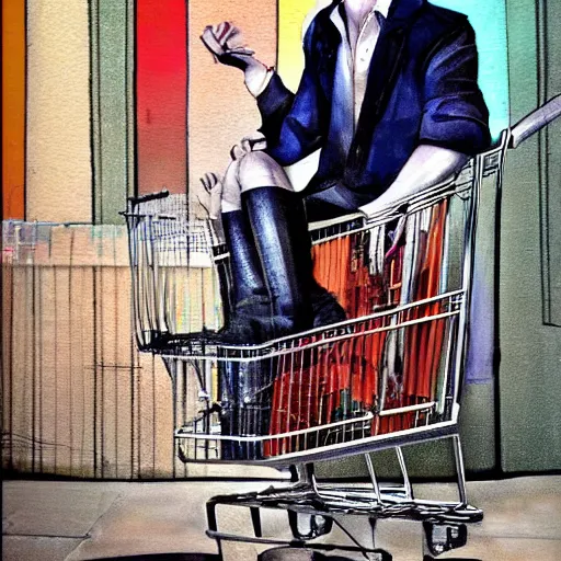 Image similar to nick valentine is sitting in a shopping cart, realism, stylization of art