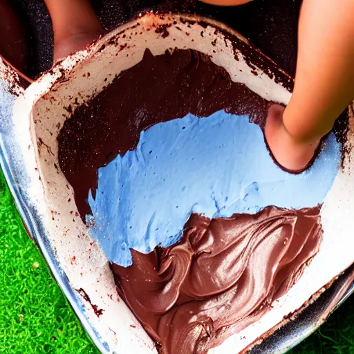 Image similar to photo of a kid sliding through chocolate pudding head first, slip n slide