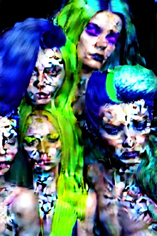 Prompt: 3 gorgeous young females with perfect skin made from smooth black silk, glowing neon energized blue hair, green hair, and yellow hair, conceptual character design, unreal engine 5, hyper - realistic, full body shot, wide angle, sharp focus, 8 k high definition, award - winning cgi realism, by kilian eng artstation