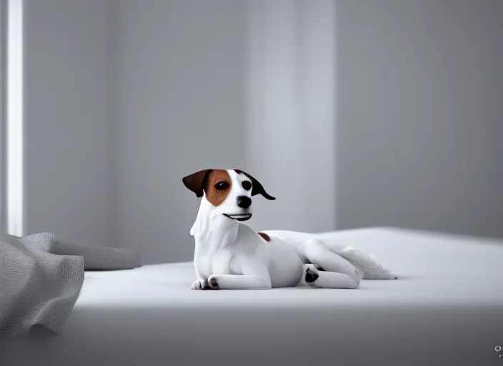 Image similar to photography of a Jack Russel . watching outside the window. on a bed .in a 3d rendered white room. octane render, 3d, foggy, volumetric light, volumetric fog, photorealistic, unreal engine 5, award winning photo, 100mm, sharp, cloth, high res