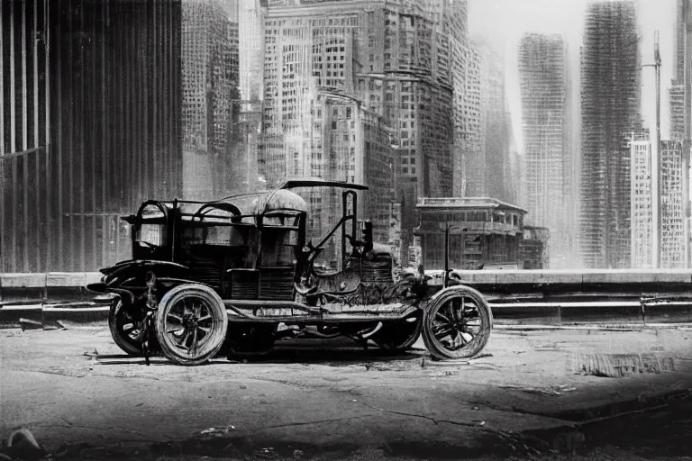 Prompt: cyberpunk 1 9 0 8 model ford t by paul lehr, metropolis, parked by view over city, vintage film photo, robotic, silent movie, black and white photo