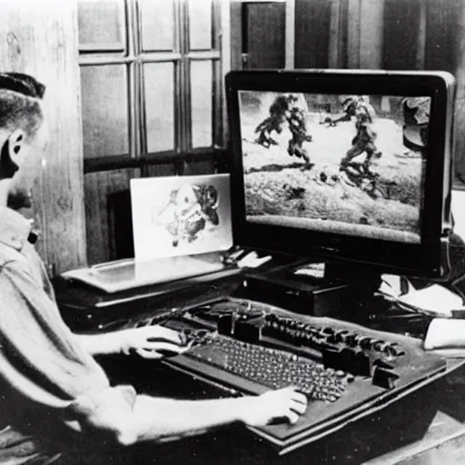 Image similar to ww 2 photograph of a pc gaming setup