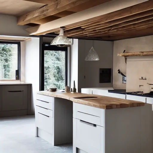 Prompt: luxury bespoke kitchen design, modern rustic, Japanese and Scandanvian influences, understated aesthetic, innovative materials and textrue, by Roundhouse Design and Charles Yorke and Davonport