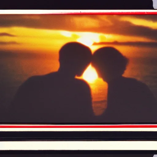 Image similar to vhs video of a couple holding their hands, vhs artifacts, old, 1 9 7 9, nostalgic, sunset, sky, clouds