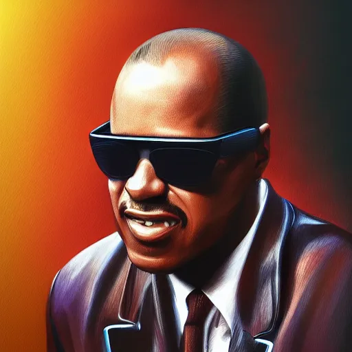 Image similar to stevie wonder with the physique of a body builder, hyper realistic, ultra detailed, cinematic, dynamic lighting, photorealistic, refined, intricate, digital art, digital painting, masterpiece, 8k